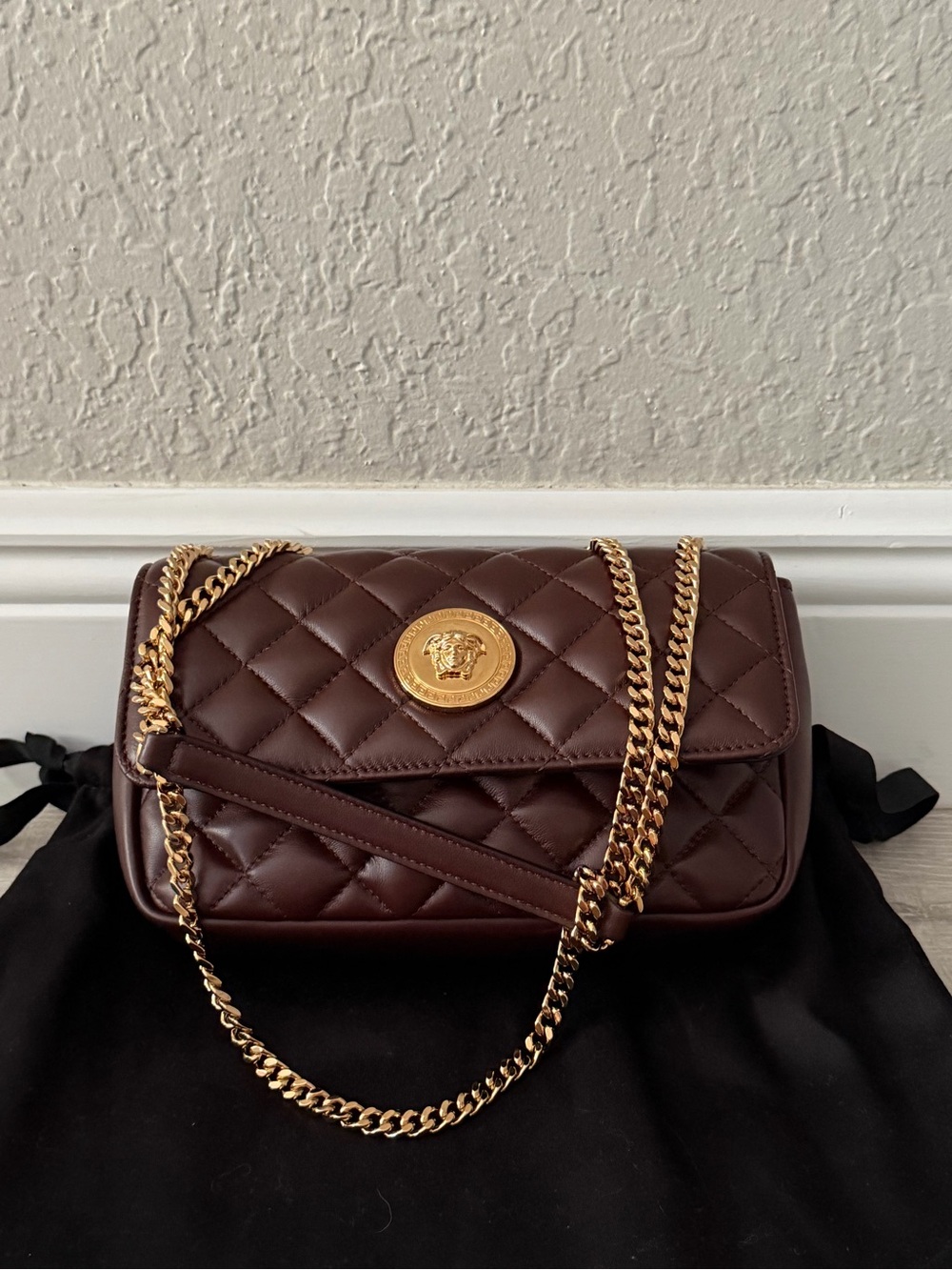 Versace Medusa Chocolate Brown Quilted Leather Shoulder Bag with Gold Chain